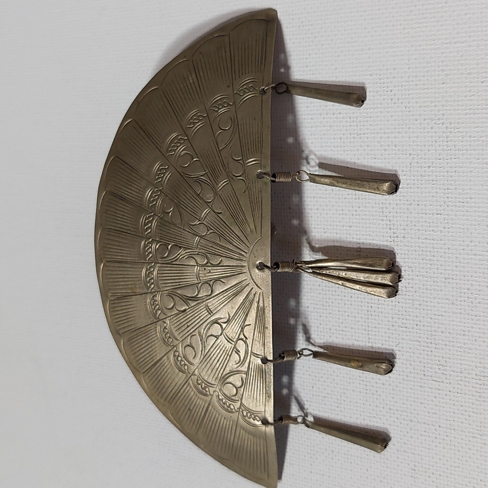 Vintage Brass Hair Barrette Asian Silk Fan Chinese Folded Fan Oriental Unique